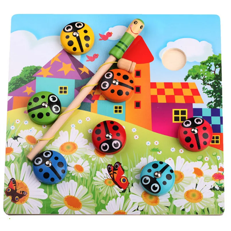 Wooden Fishing Toys Magnetic Catch Ladybug Game Children Catches Insect Games Set Kids Montessori Educational Fish Toys Gifts