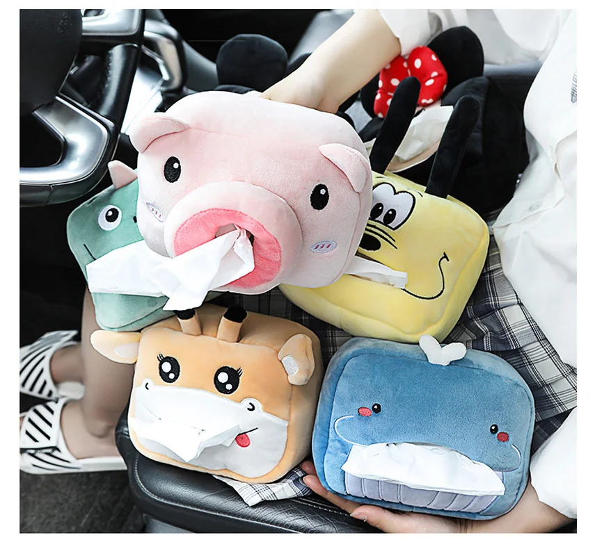 Cute Cartoon Car Tissue Box Plush Napkin Holder Universal Auto Home Room Paper Case Animal Decoration Bracket