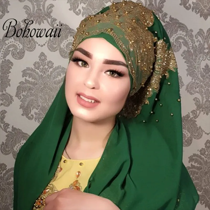 170cm Jewelry Jersey Hijab Muslim Turban Hijab Scarf 24 Colors Malaysia Chiffon Bling Bling Beads Bonnet Hijab Scarf