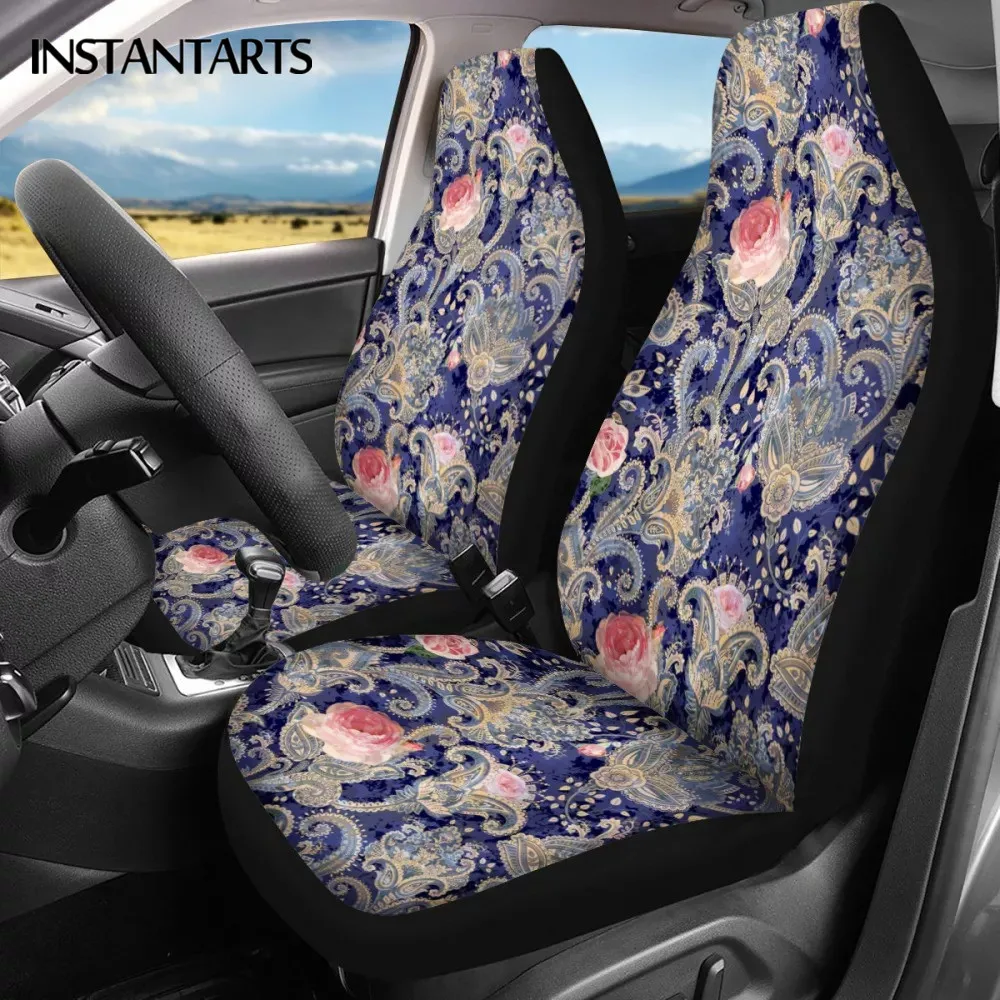 INSTANTARTS Bohemian Flower Print Set of 2 Car Accessories Vehicle Seat Covers Anti-Slip Vehicle Seat Protector for Car Seat