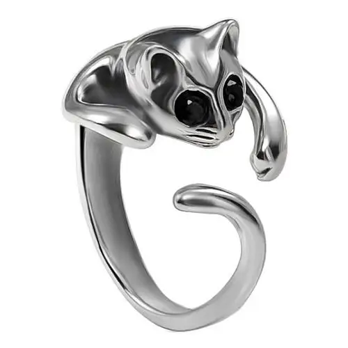 Women Lovely Silver Plated Kitten Cat Animal Rhinestone Eyes Open Knuckle Ring