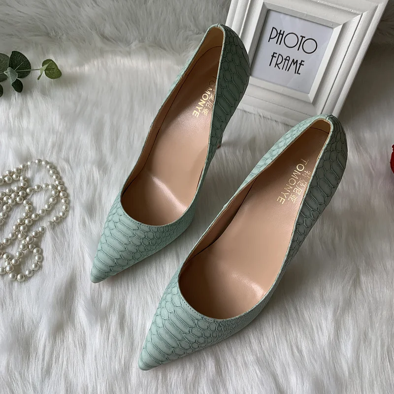 2023new designer factory outlet custom made light green snake python pointed toe 120mm sexy high heel shoes pump big size 12