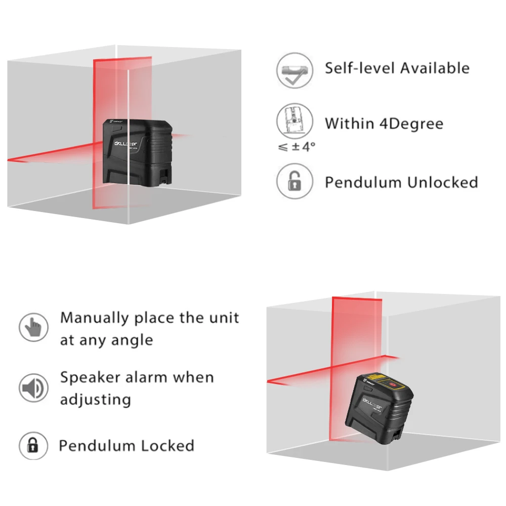 DEKO 2 Lines Level Tools Self-Leveling Horizontal&Vertical Cross-Line with Magnetic Bracket Green/Red General Tooling