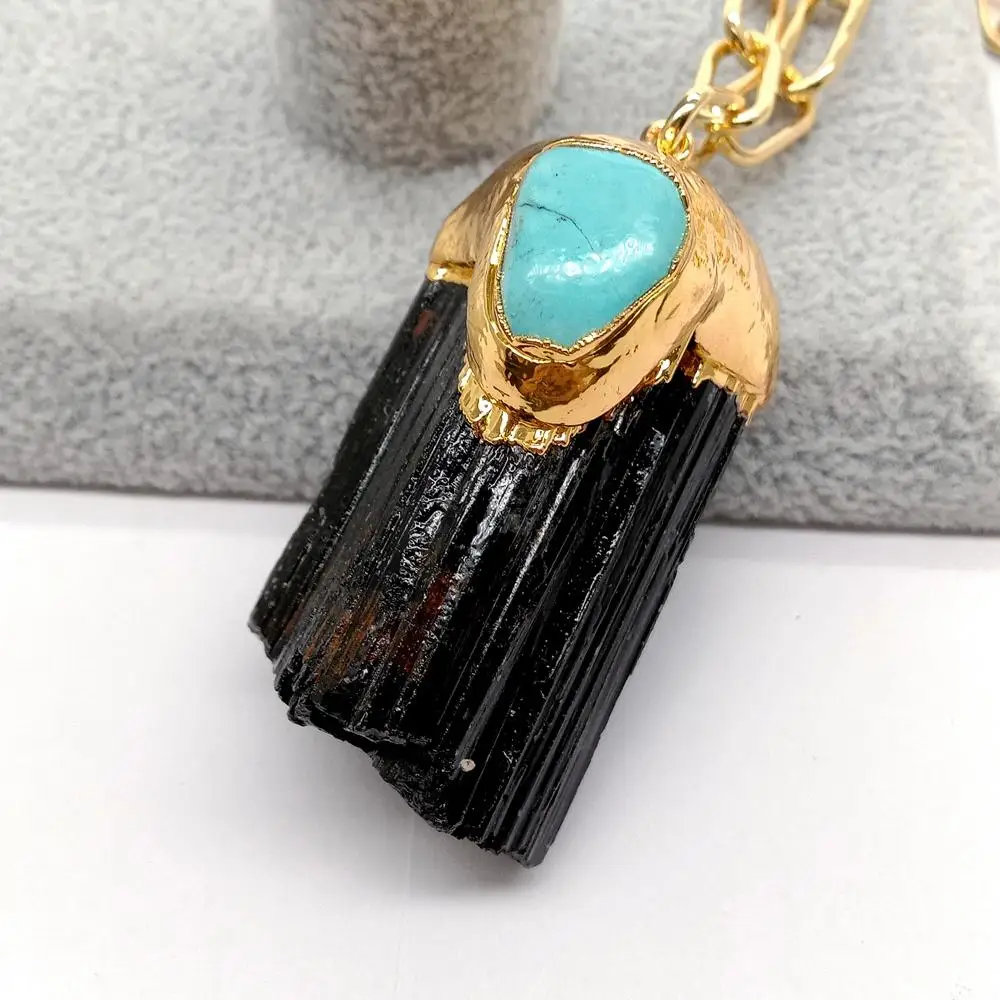 YYGEM Freshwater White Rice Freshwater Pearl Gold Filled Chain Natural Black Tourmaline Rough Pendant Necklace 18" #3
