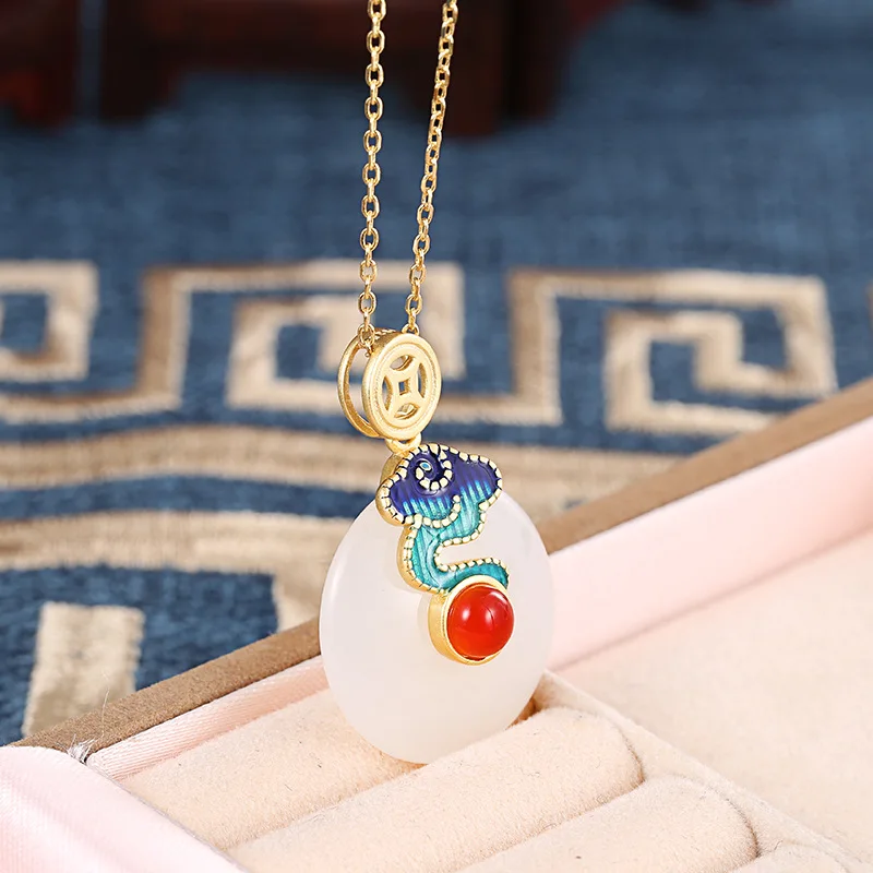 S925 Sterling Silver Hetian Jade Safety Button Necklace Women Burning Blue Auspicious Cloud Pendant Personalized Jewelry