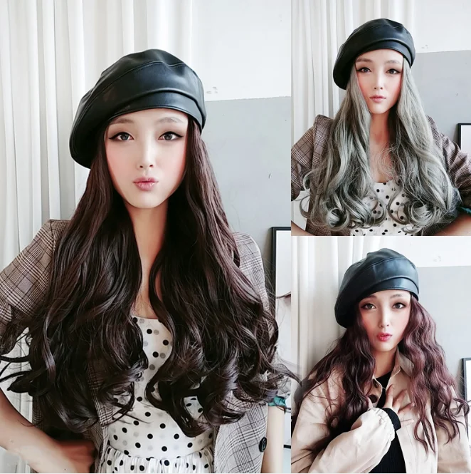 Beret Women Spring  Autumn Wig Hat Detachable Large Wave Long Hair Wool Foll Integrated Large Head Circumference Fashion Gray