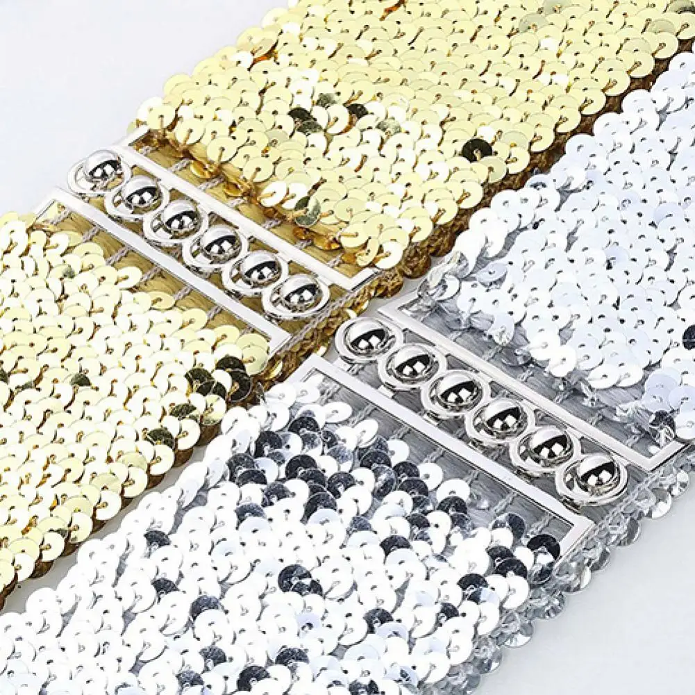 Gold Silver Color Belt Cool Punk Sparkling Sequins Elastic Stretch Wide Waistband Women Dress Waist Belt Jewelry Accessories