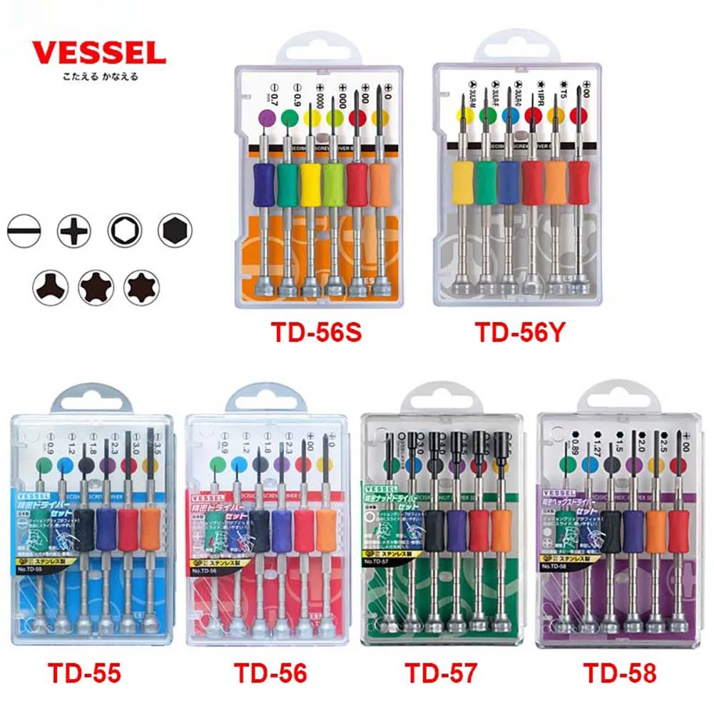 Pack of 6 Japan Vessel No.TD Series Precision Screwdriver Set for Ultra Small Screws with Portable Transparent Case