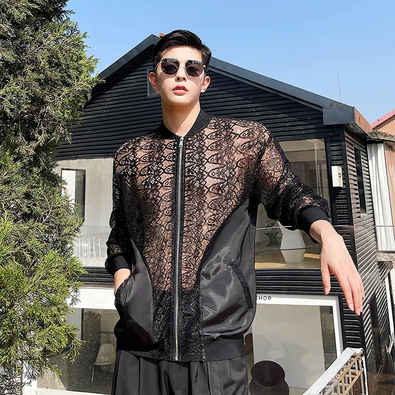 

Spring Summer Menswear Men's Lace Splice Hollow Loose Casual Sun Protection Jacket Male Korean Streetwear Fashion Coat