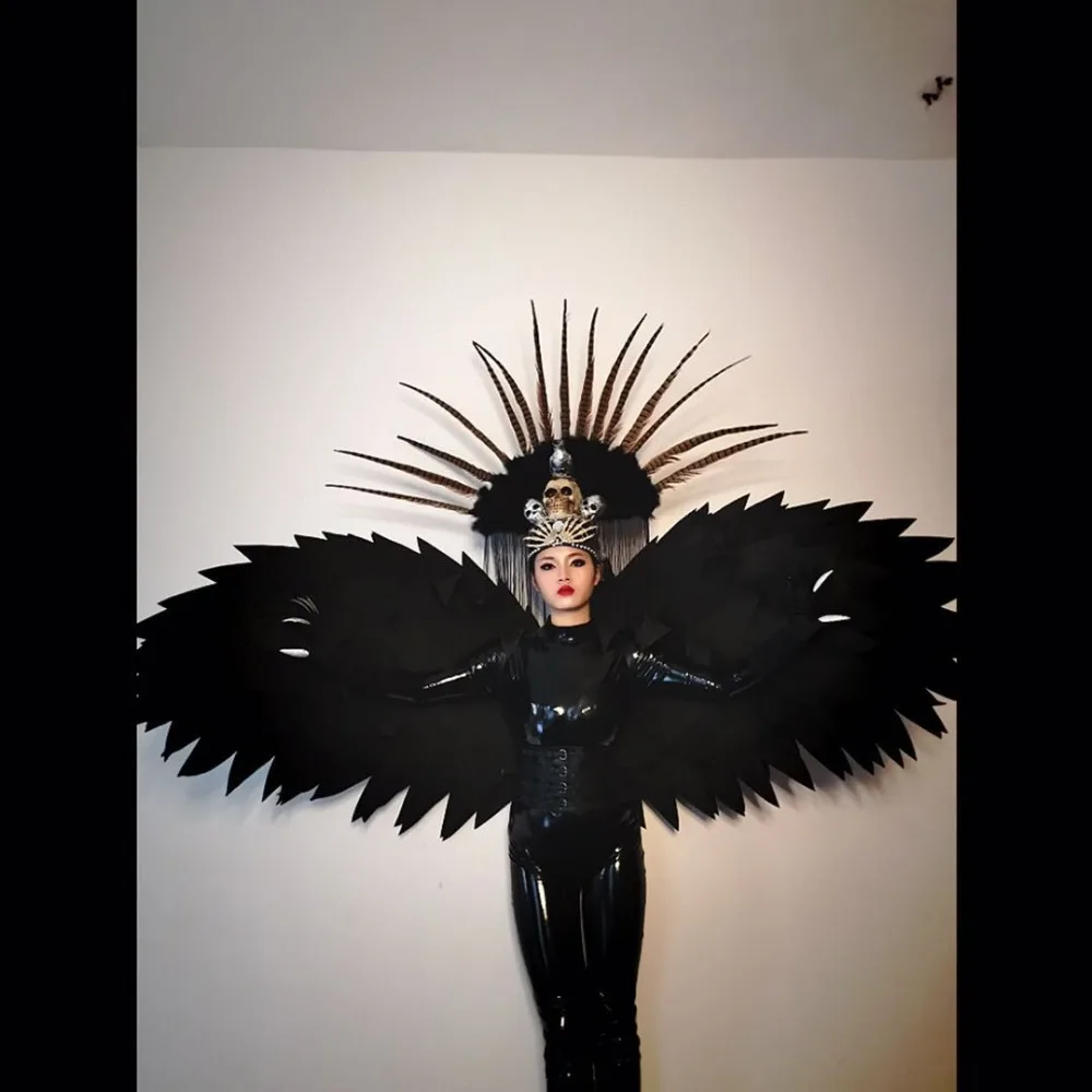 Nightclub wear Black bird costume dark angel wings women party girl stage dance show costumes