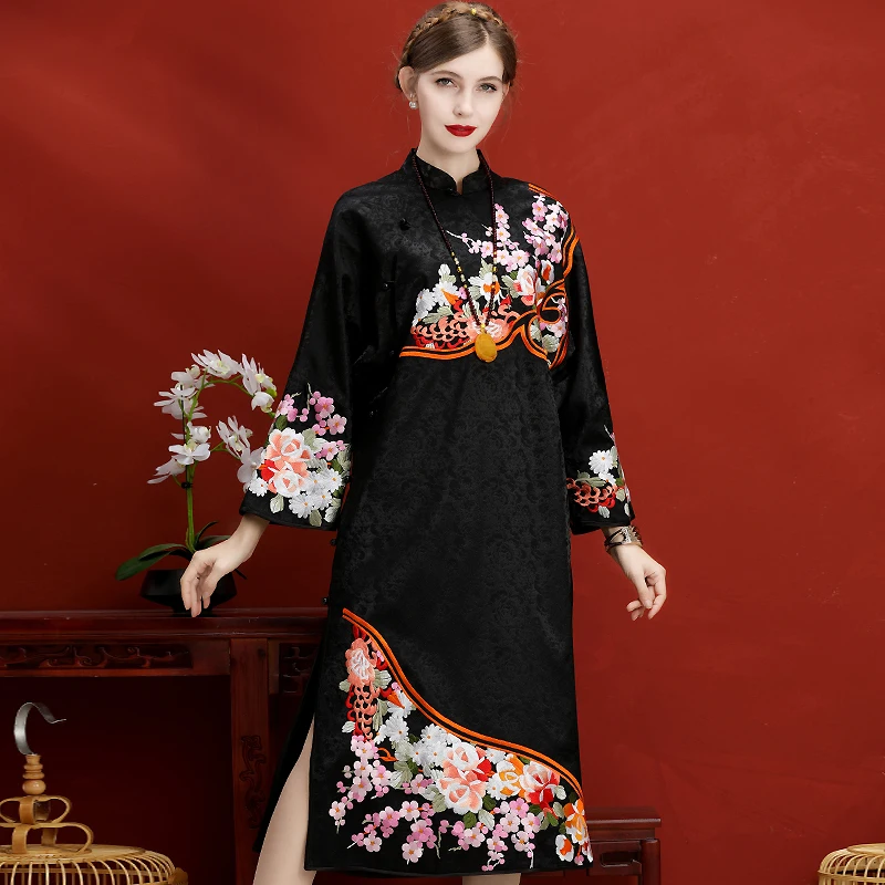 High-End Summer Women Chinese Style Floral Dress Jacquard Embroidery Cheongsam Elegant Slim Lady A-line Qipao Party Dress M