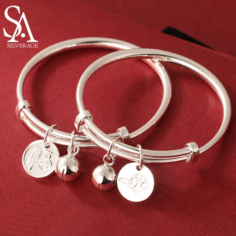 

SA SILVERAGE Baby Bell Sterling Silver Bracelet Baby A Pair of 999 Silver Lucky Words for Boys and Girls Solid Bracelet Gifts