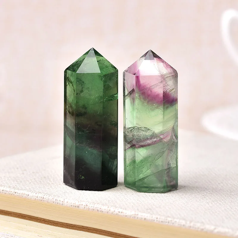 1PC Natural Fluorite Hexagonal Column Crystal Point Healing Wand Mineral Crystal Home Decoration Stone 45-55mm Handmade Ornament