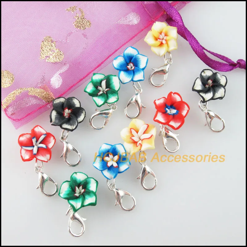 10Pcs Mixed Fimo Polymer Clay Flower Charms Silver Plated With Clasps 12mm