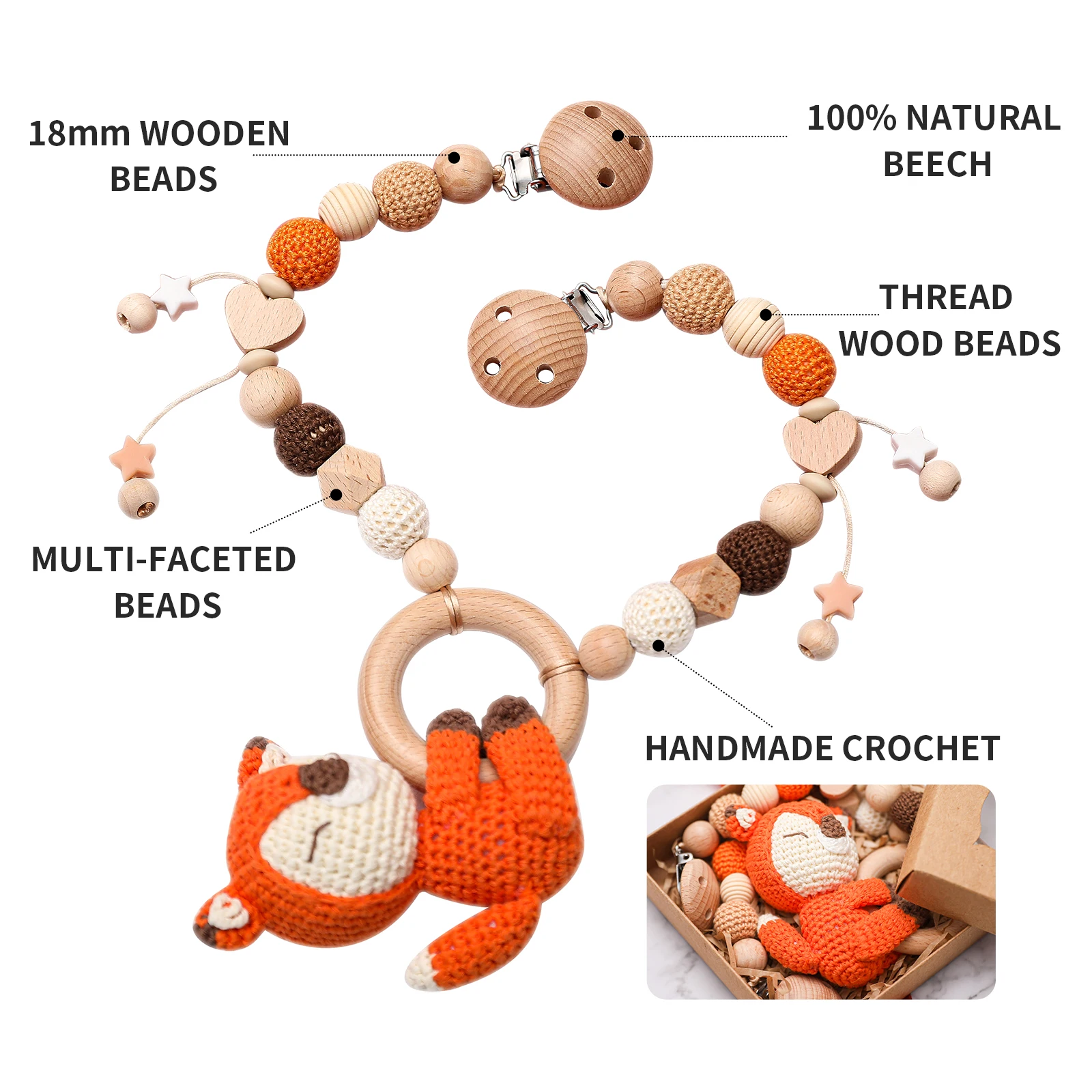 Nieuwe Leuke Dieren Kinderwagen Clip Fopspeen Clip Keten Gehaakte Kralen Armband Kinderwagen Clip Baby Rammelaar Houten Bijtring Kinderwagen Speelgoed