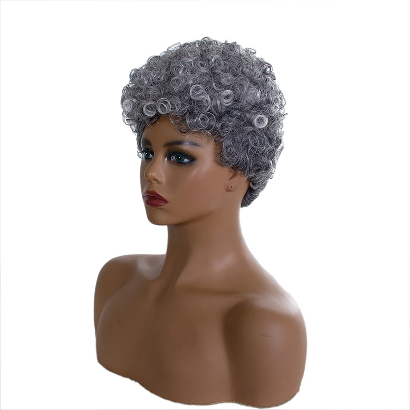 Pelucas sintéticas cortas y rizadas para mujer, pelo Afro negro, gris, con flequillo, aspecto Natural, para CosplayUse diario