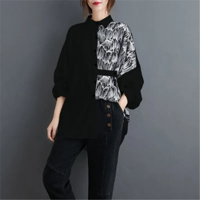 Plum-Size Women\'s 2020 New Autumn Outfit PatChwork Collared Loose Shirt With Long Sleeves Slimming Design Blouse