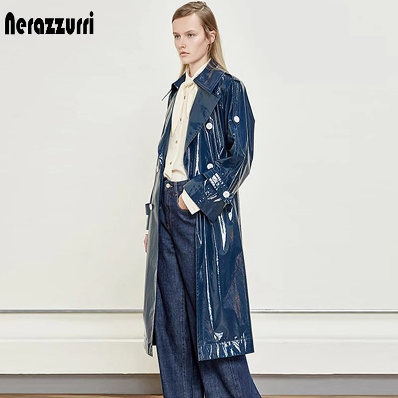 Nerazzurri Spring long blue reflective patent leather trench coat for women with long raglan sleeve sashes Waterproof raincoat