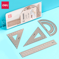 DELI Aluminum Drafting Set 4 PCS Ruler Set for School Straight Ruler Triangular Protractor Stationery