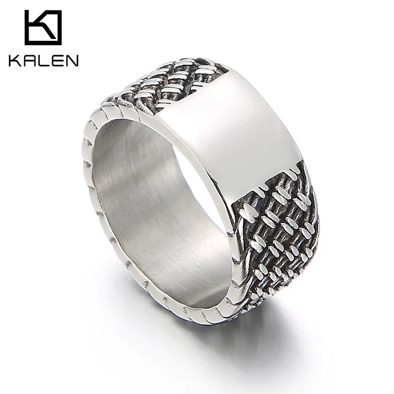 Kalen Punk 10mm Weave Pattern 316L Stainless Steel Men\'s Ring Vintage Jewelry Wide Accessories