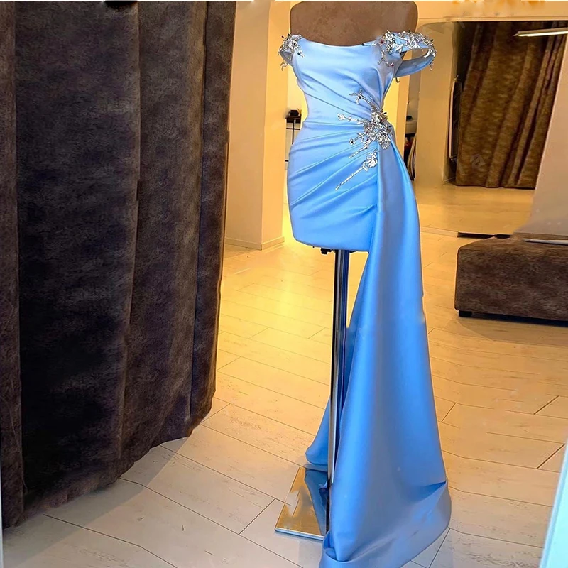 Sky Blue Asymmetrical Cocktail Dresses Off The Shoulder Beads Shiny Short Evening Party Gowns Custom Made Mermaid Prom Dress