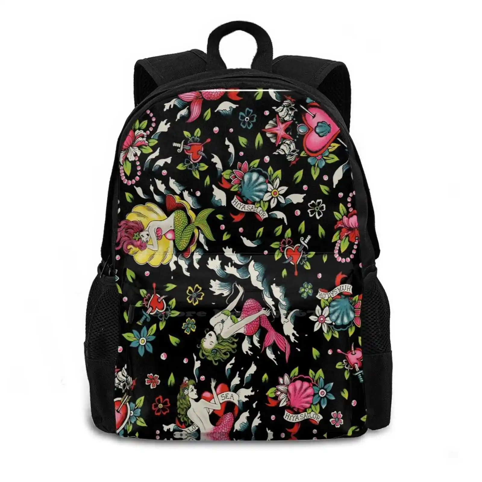 Summer Tail ( On Black ) Hot Sale Schoolbag Backpack Fashion Bags Pearls Crown Flowers Sea Shells Seaweed Waves Ocean Summer