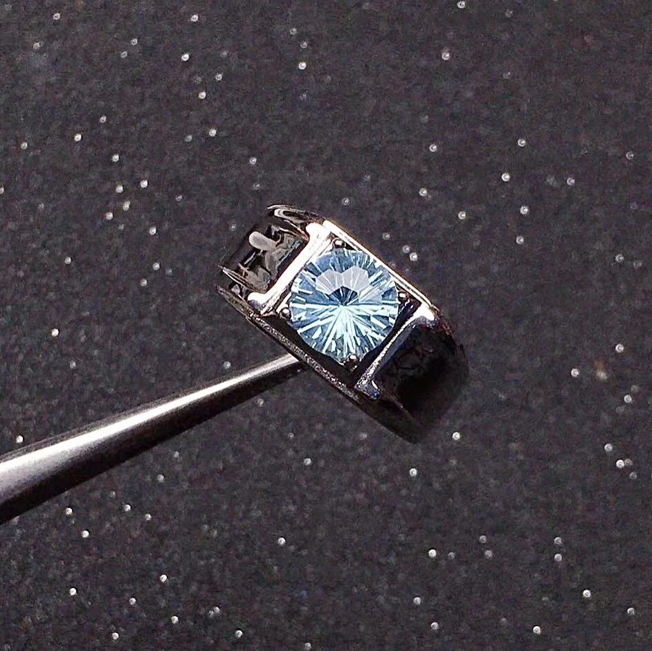 8mm Natural Light Blue Topaz Ring for Man Fashion 925 Silver Topaz Man Ring Sterling Silver Topaz Jewelry for Man