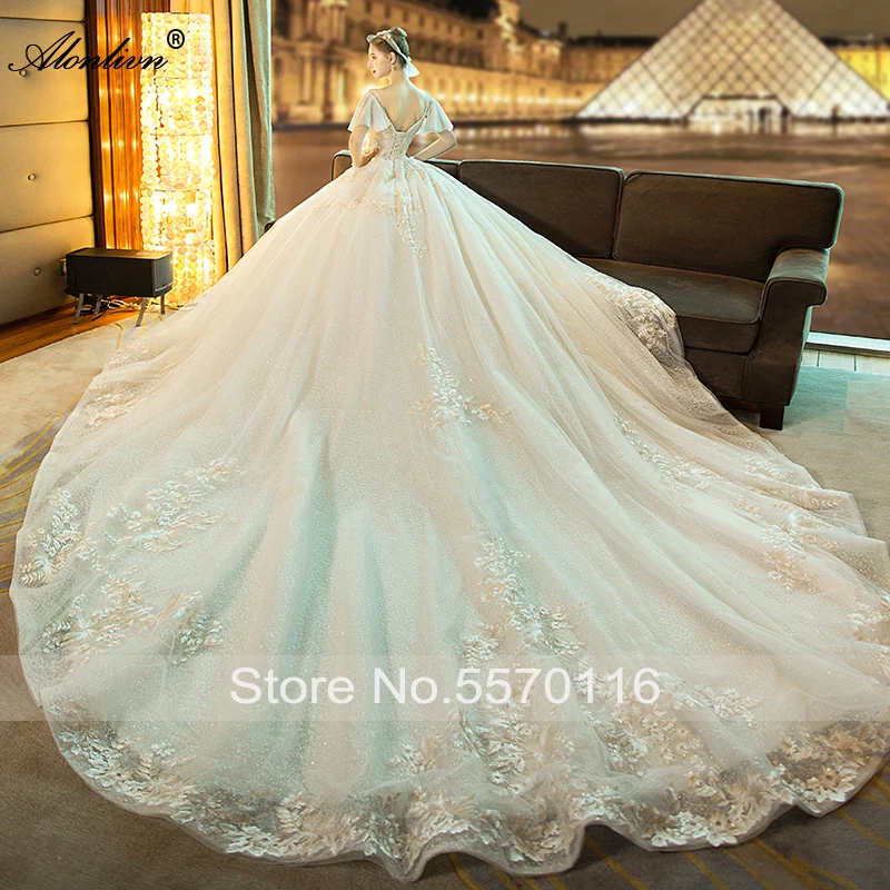 Alonlivn Charming Voile Sweetheart Puffy Sleeves Embroidery Ball Gown Royal Train Bride Dresses Beading Crystals Wedding Gowns