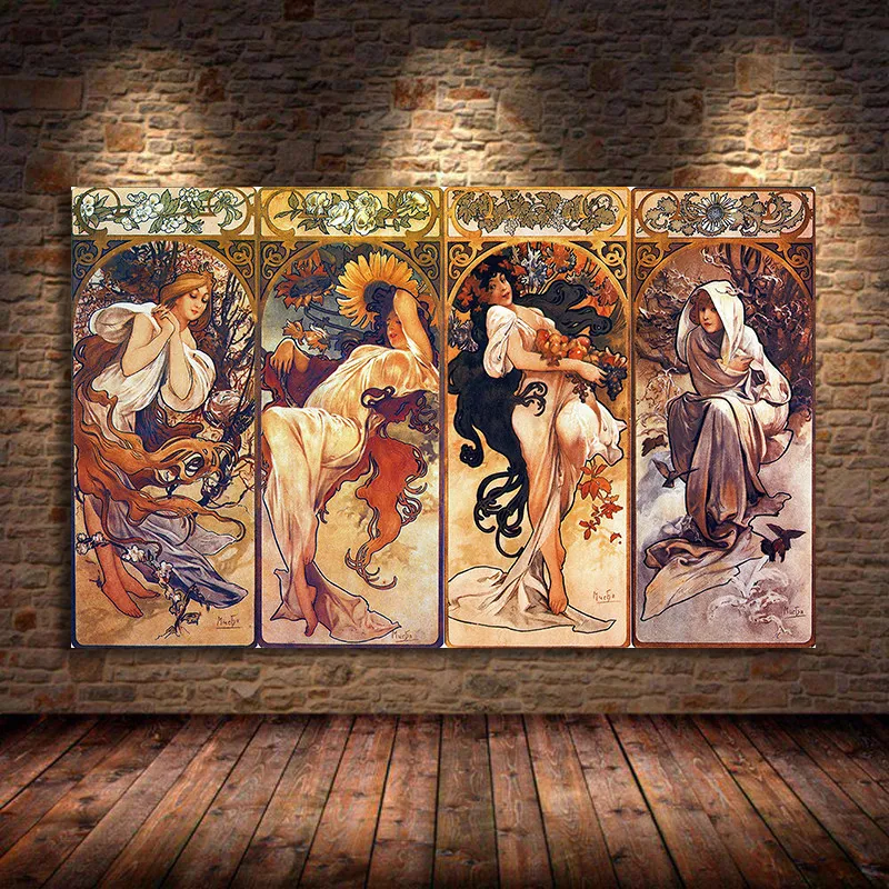 

Alphonse Mucha Times of Day Vintage Posters and Prints Art Nouveau Woman Canvas Paintings Wall Art Pictures For Living Room