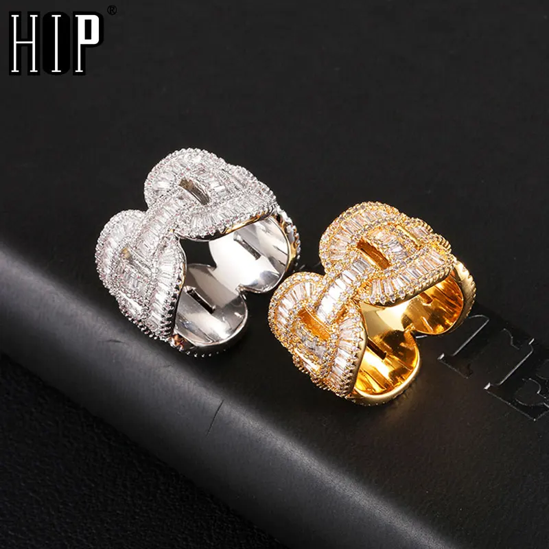 Hip Hop Popular CZ Stones Baguette Coffee Beans Rings Tready Bling Iced Out Copper Zircon Ring For Men Jewelry