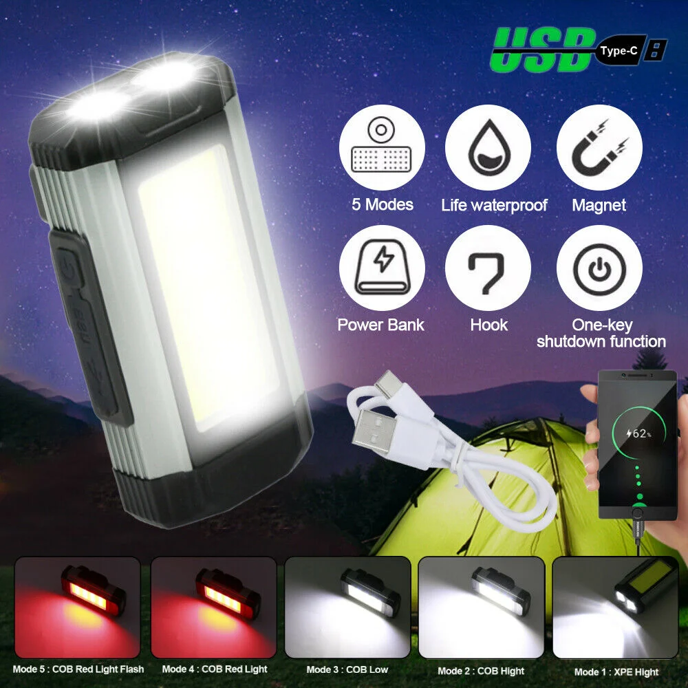 Luz de trabajo COB recargable por USB con imán, linterna LED portátil ajustable, lámpara de Camping para senderismo, espeleología y caza