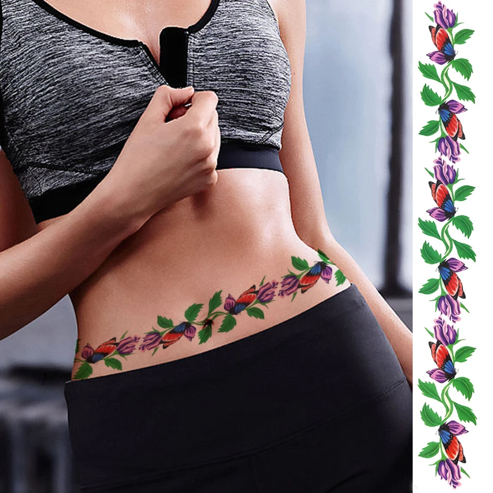 Flower Butterfly Temporary Tattoos For Women Adults Sexy Body Art Tattoo Fake Sexy Throns Vine Waist Line Art Tatoos For Holiday