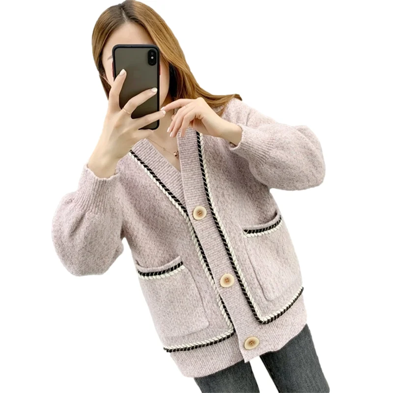 

Autumn Winter Korean Knitted Sweater Women Cardigan 4 Color Loose Short V Neck Long Sleeve Big Pocket Knit Jacket Coat Female