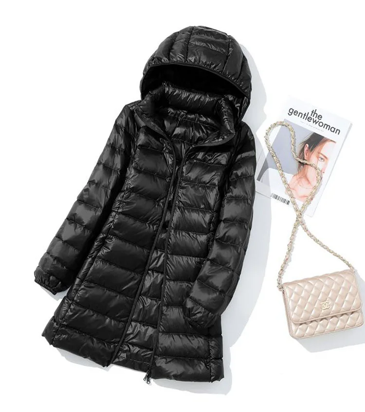 Schinteon M-7XL Women Down Jacket Ultralight White Duck Down Long Coat with Removable Hood Thin Slim Spring Autumn Outwear New