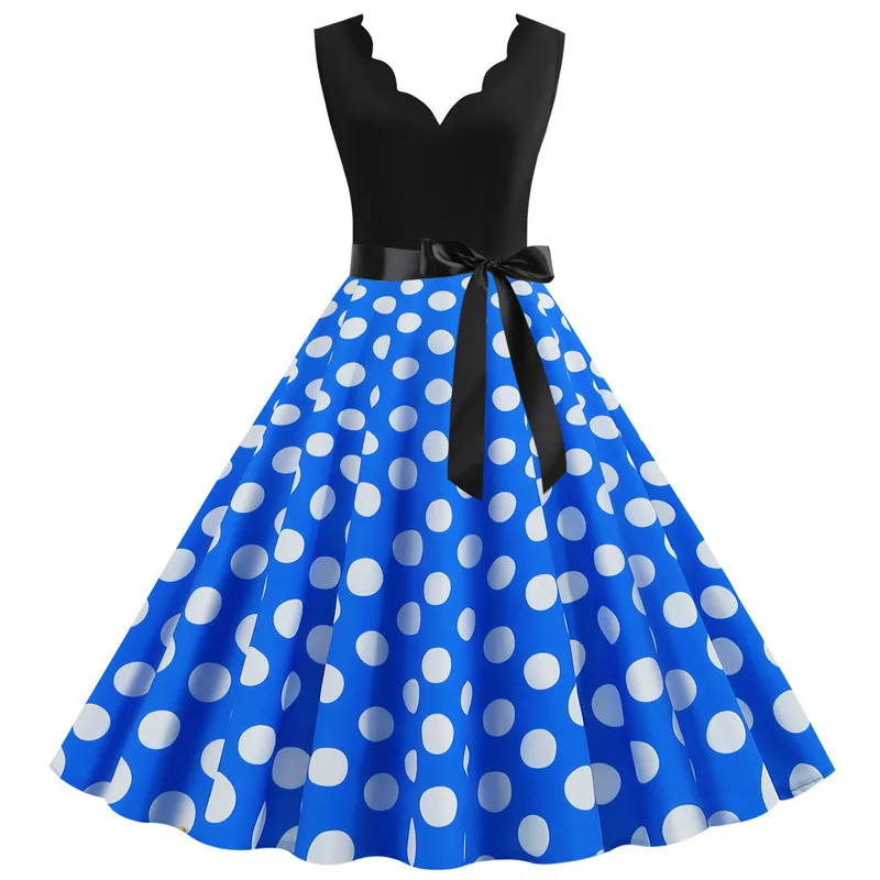 Polka Dot Print Women Summer Dress Black Patchwork Sleeveless V Neck Elegant Vintage Party Casual Midi Dress