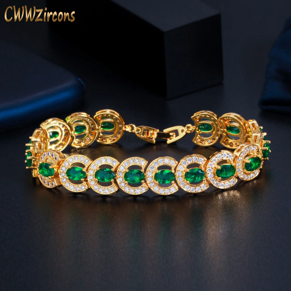 

CWWZircons Glitering African Green Cubic Zirconia Tennis Chain Link Luxury Bracelet for Women Gold Color Wedding Jewelry CB259