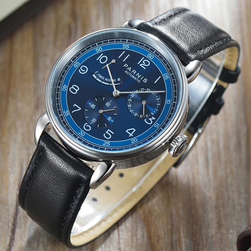 Luxury Brand Parnis 42mm Blue Dial Automatic Mechanical Men's Watches Leather Strap Calendar Sports Watch For Men reloj hombre