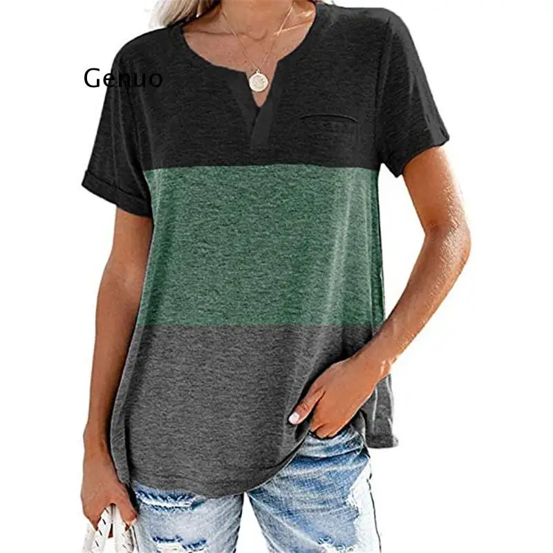 3XL  Summer Casual T-Shirt 2021 Women Patchwork V-Neck Short Slevve Tee Tops Ladies Loose T-Shirts Streetwear Clothes