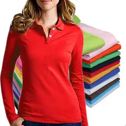 Spring Autumn Pure Color 100% Cotton Lapel T-shirt Women Long Sleeve Slim Lady Polo Shirt Golf Tennis Tops Tees S-4XL
