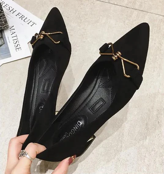 women shoes suede pointed toe metal bow decoration slip on flats mid-heel thick heel black loafers dress shoes