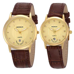 Top Famous Brand Luxury Lovers Watches WOONUN Leather Strap Rhinestone Set Fashion Quartz Couple Watches For Lovers dropshipping