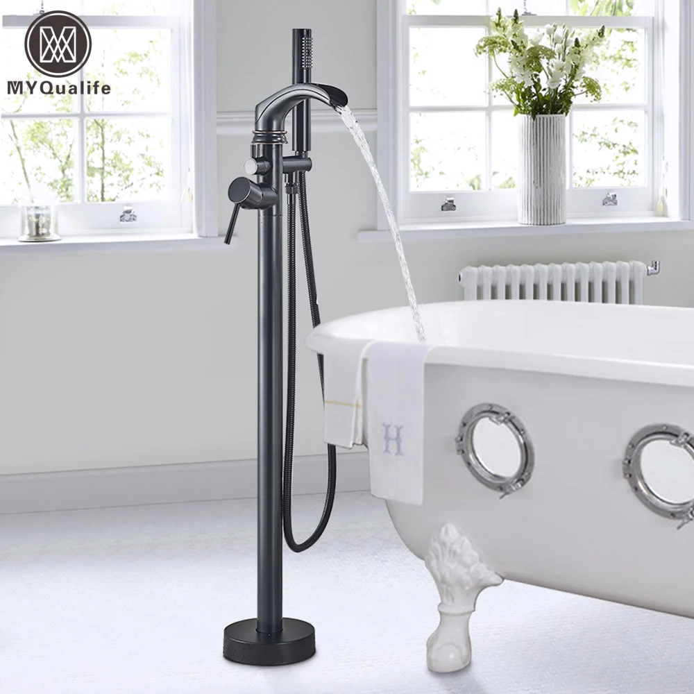 MYQualife Matte Black Floorstanding Bathtub Faucet Set Dual Handle Floor Mounted Bath Tub Mixers Swive Spout Tub Faucet