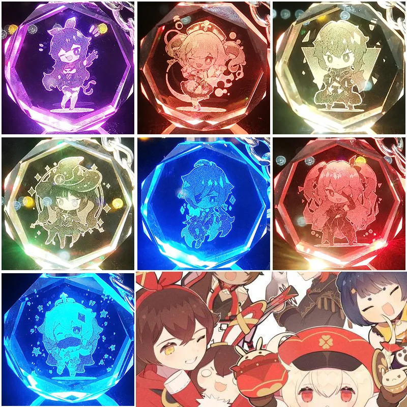 Game Impact Cosplay Kamisato Ayaka/Zhongli Colorful Luminous Crystal Key Chain for Women Accessories Pendant Key Ring Gift