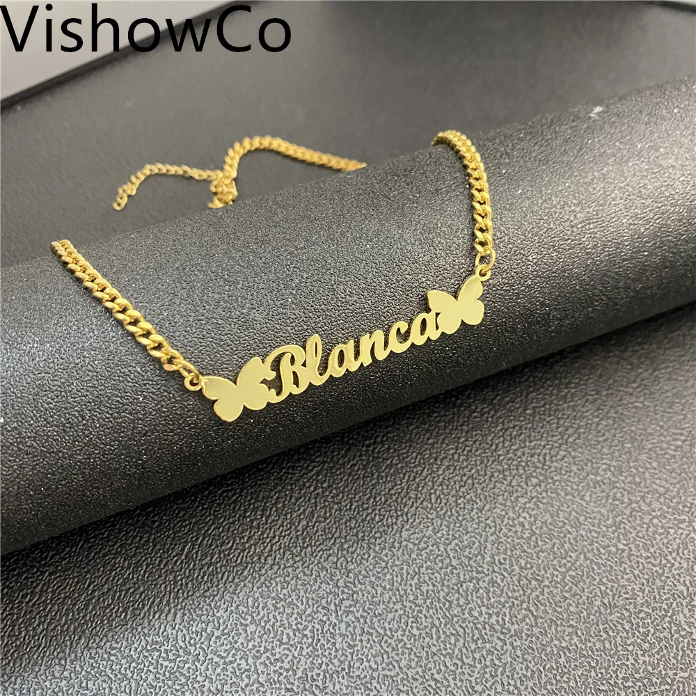 

VishowCo Custom Name Necklace Stainless Steel Cuban Chain Personalized Old English Butterfly Pendant Necklace For Women Gift