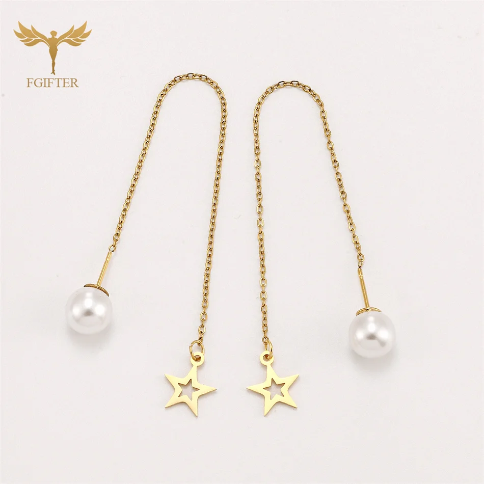 Trendy Long Tassel Linear Chain Earrings for Women Stainless Steel Star Pendant Pearl Ear Line Threader Dangle Female Jewelry