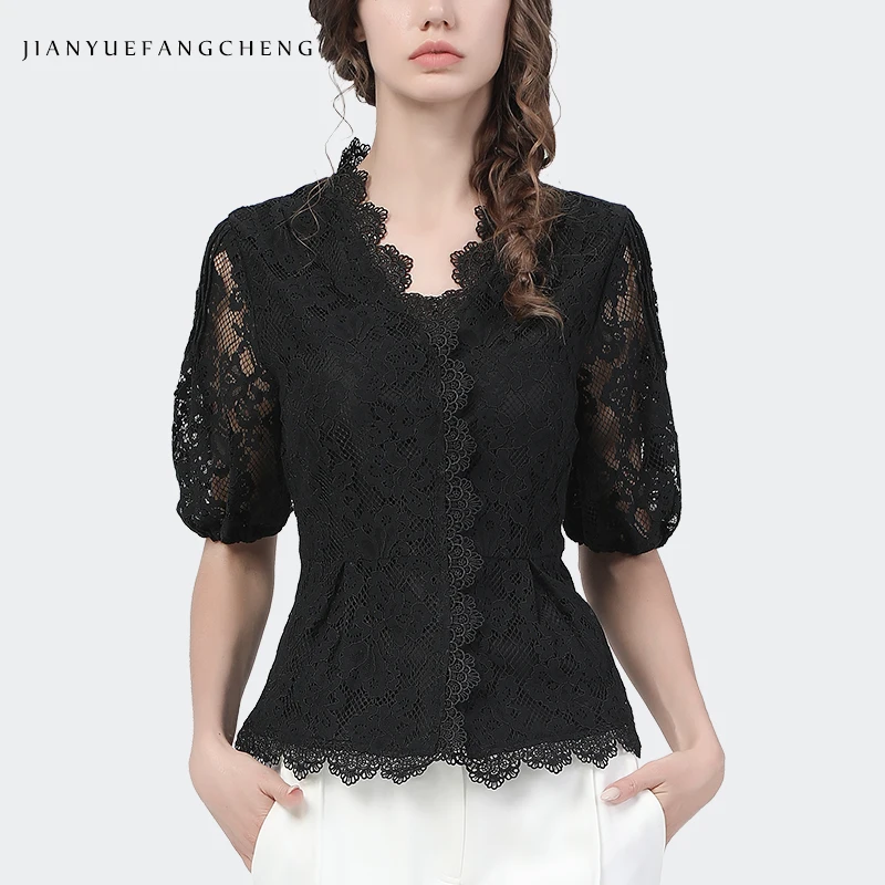 

Fashion Short Sleeve Women Lace Blouse Solid Hook Flowers Hollow Summer Tops Elegant Slim Female Button-Down Tunic Shirt