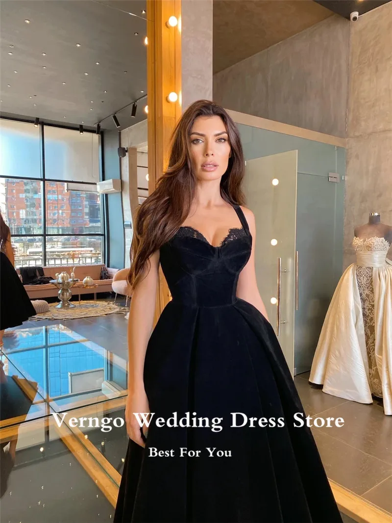 Verngo Simple Black Velour Evening Party Dresses Halter Short Prom Dresses Tea Length 2021 Special Occasion Gowns Customized