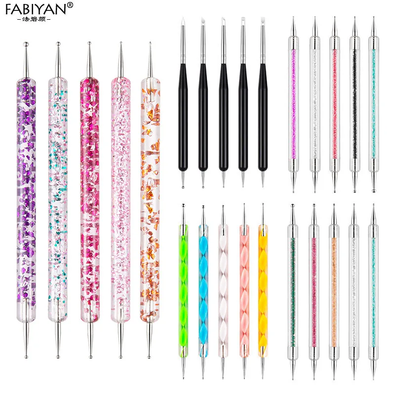 5Pcs Set UV Gel Painting Nail Art Dotting Pen Acrylic Handle Rhinestone Crystal 2 Way Brush Salon Decoration Manicure Tools Kit