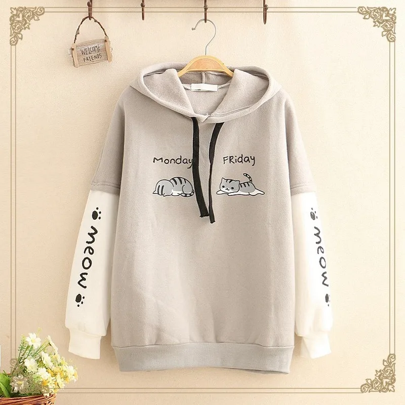 Japanese Mori Girl Cute Anime Women Sweatshirt Winter Animal Printed Warm Fleece Teens Kawaii Cat Graphic Grey Hooded Hoodie