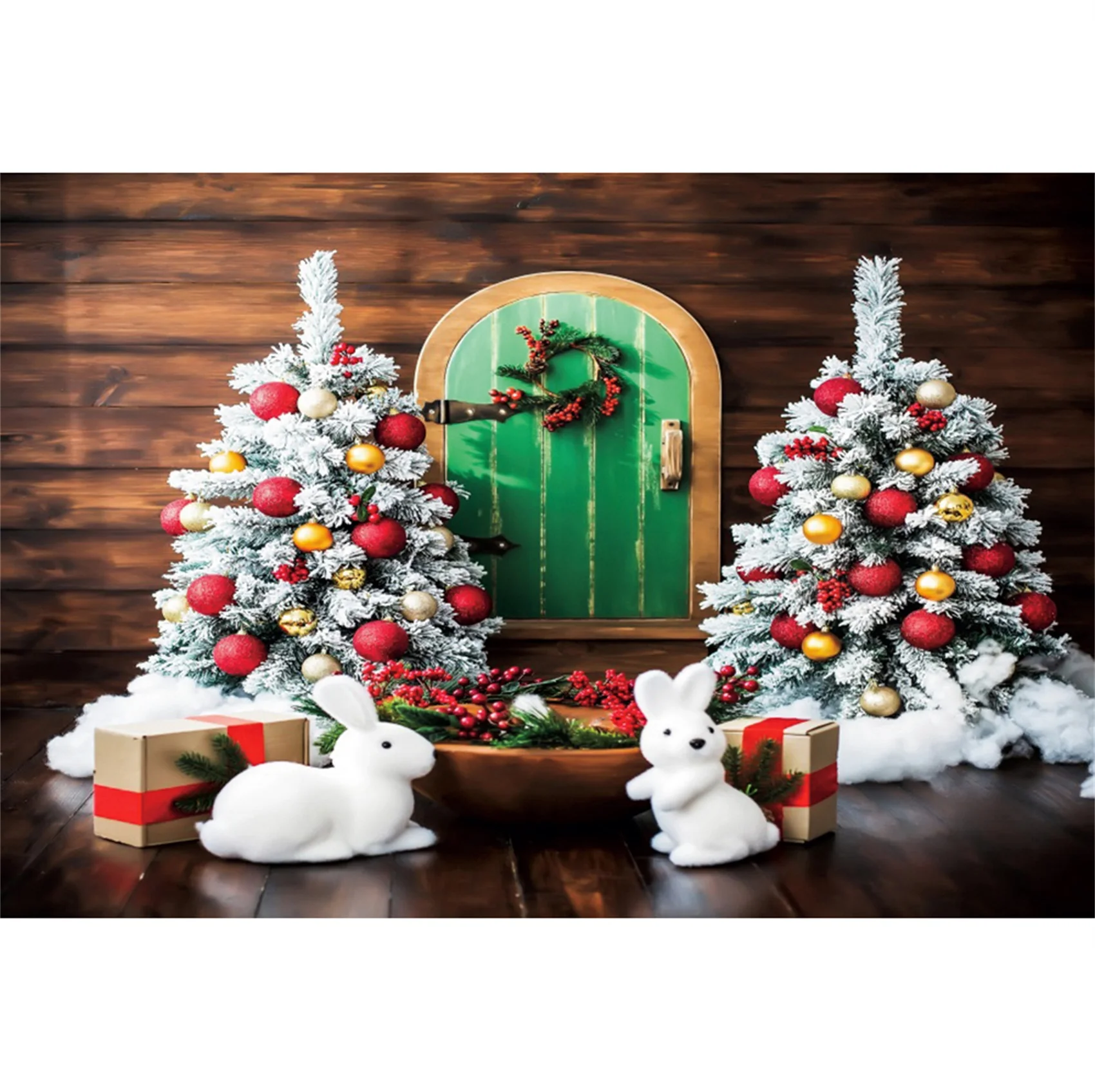 ต้นคริสต์มาสสีขาวกระต่ายไม้ประตูสีเขียวของขวัญเด็กวันเกิดภาพพื้นหลังถ่ายภาพฉากหลังสำหรับ Photo Studio